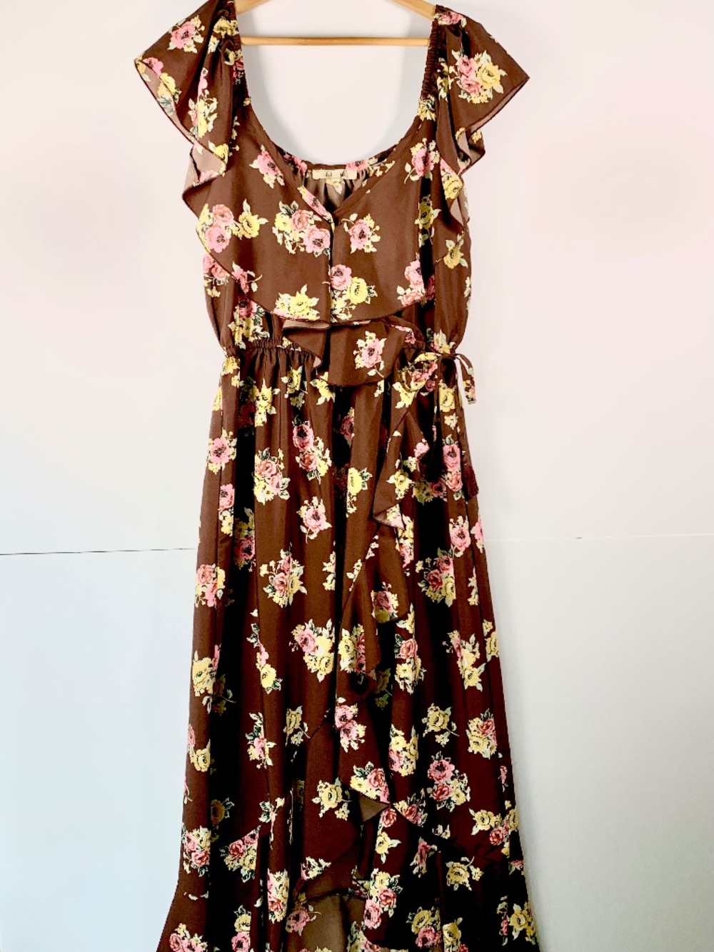 Blush Romantic boho dress brown pink floral ruffle flutter sleeve high-low maxi